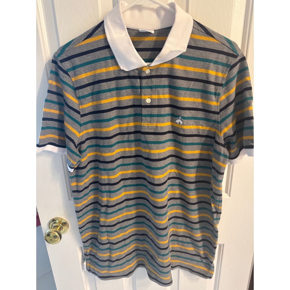 Brooks Brothers Mens XL Slim Fit Striped Cotton Polo Shirt Grey Yellow Teal 1818